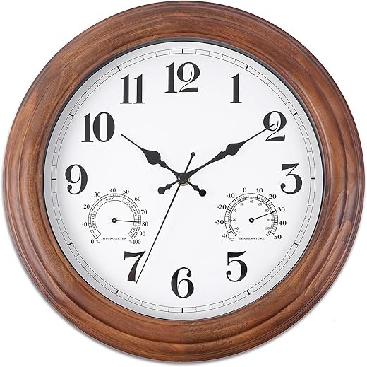 13.5 Inch Wood Wall Clock with Temperature & Humidity, Retro Wood Wall Clocks, Large Sweep Movement Accurate Vintage Wall Clock for Living Room Bedroom Housewarming Xmas New Year Present