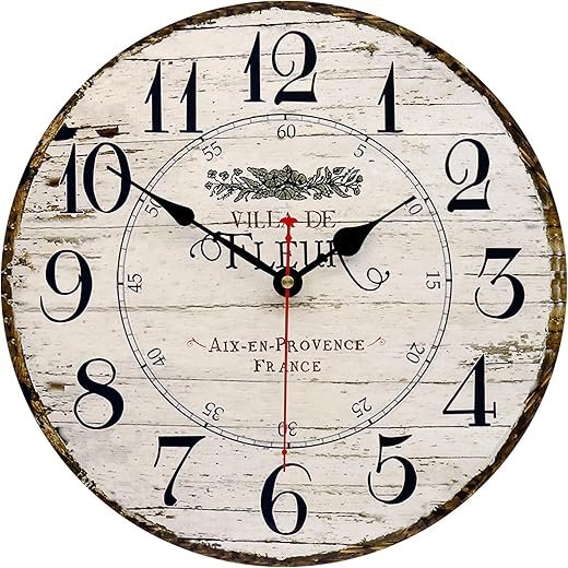 14 Inch Retro Vintage French Country Style Round Wooden Wall Clock Silent Battery Operated Non-Ticking Decorative Clock for Office Farmhouse Bedroom