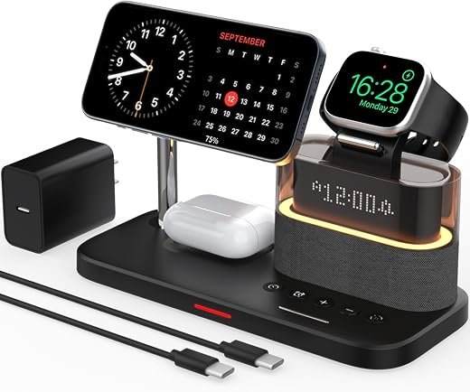 5 in 1 Wireless Charging Station for Apple,Mag-Safe Charger with Alarm Clock Night Light for Multiple Devices,Nightstand Charging Station for iPhone 17/16/15/14/13/12,Apple Watch Series,Air-Pods