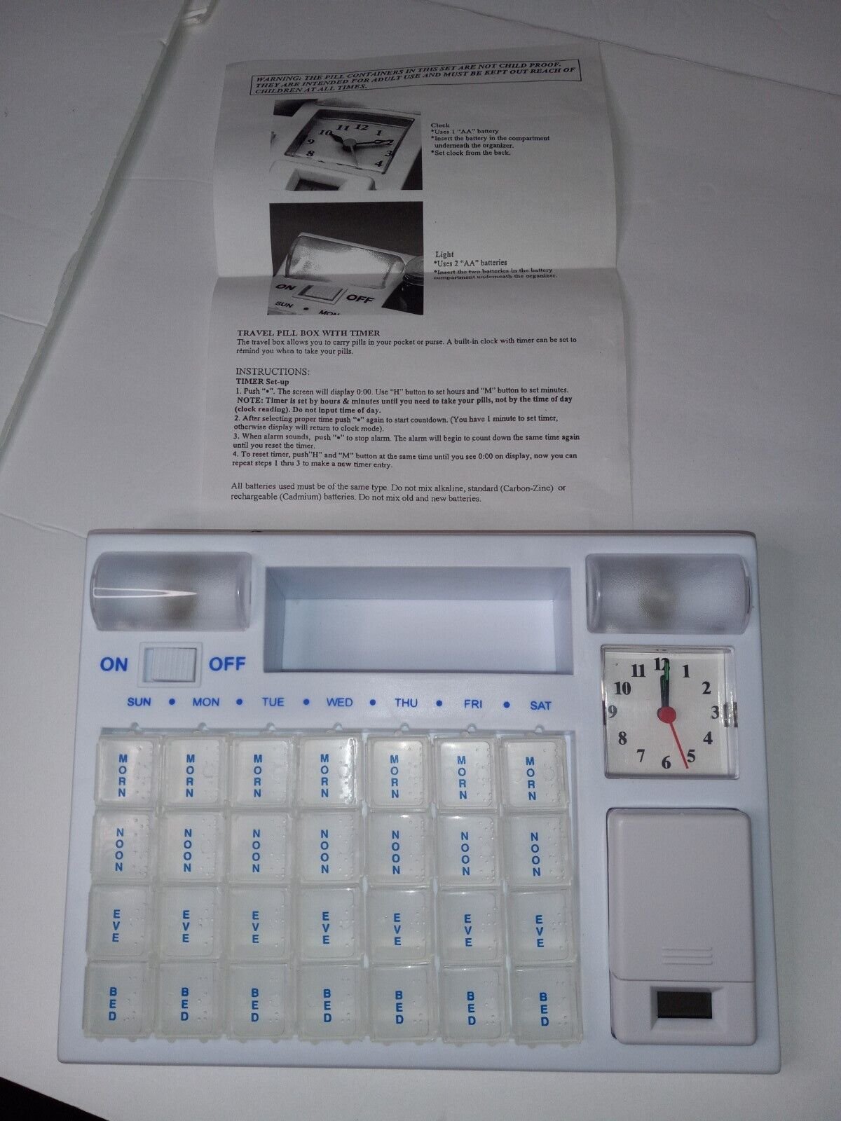 7 Day Pill Divider + Clock & Light & Travel Pill Box w/ Timer *READ DESCRIPTION*