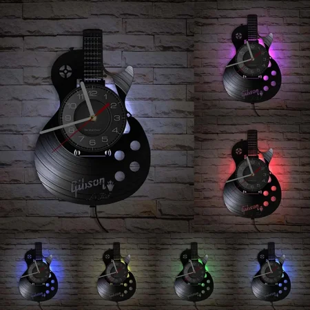 Acoustic Guitar Wall Art Wall Clock Musical Instrument Home Interior Wall Decor Vinyl Record Clock Rock N Roll Musical Gift (With LED)