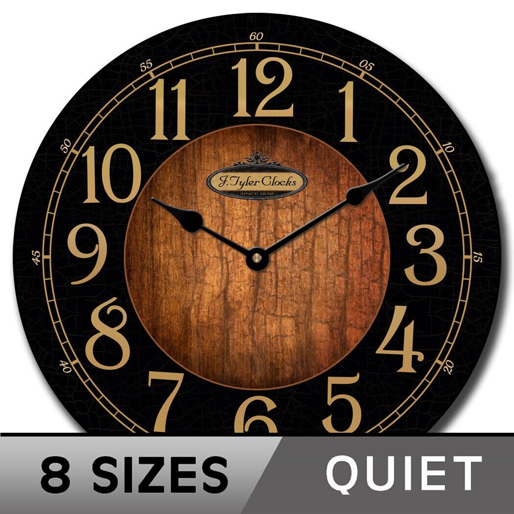 Black & Wood Wall Clock, Whisper Quiet, Comes in 8 sizes, Lifetime Warranty