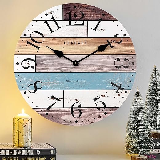 CLXEAST 24 Inch Multicolor Woodgrain Shiplap Wall Clocks for Living Room Decor, Large Farmhouse Wall Clock,Coastal Beach Nautical Style