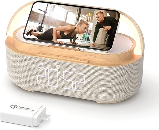 COLSUR Bluetooth Speaker Alarm Clock with Wireless Charger, FM Radio, Adjustable LED Night Light, 6 in 1 Bedroom Portable Speaker 2500mAh, Phone Stand for Bedside, Home, Office, Gift