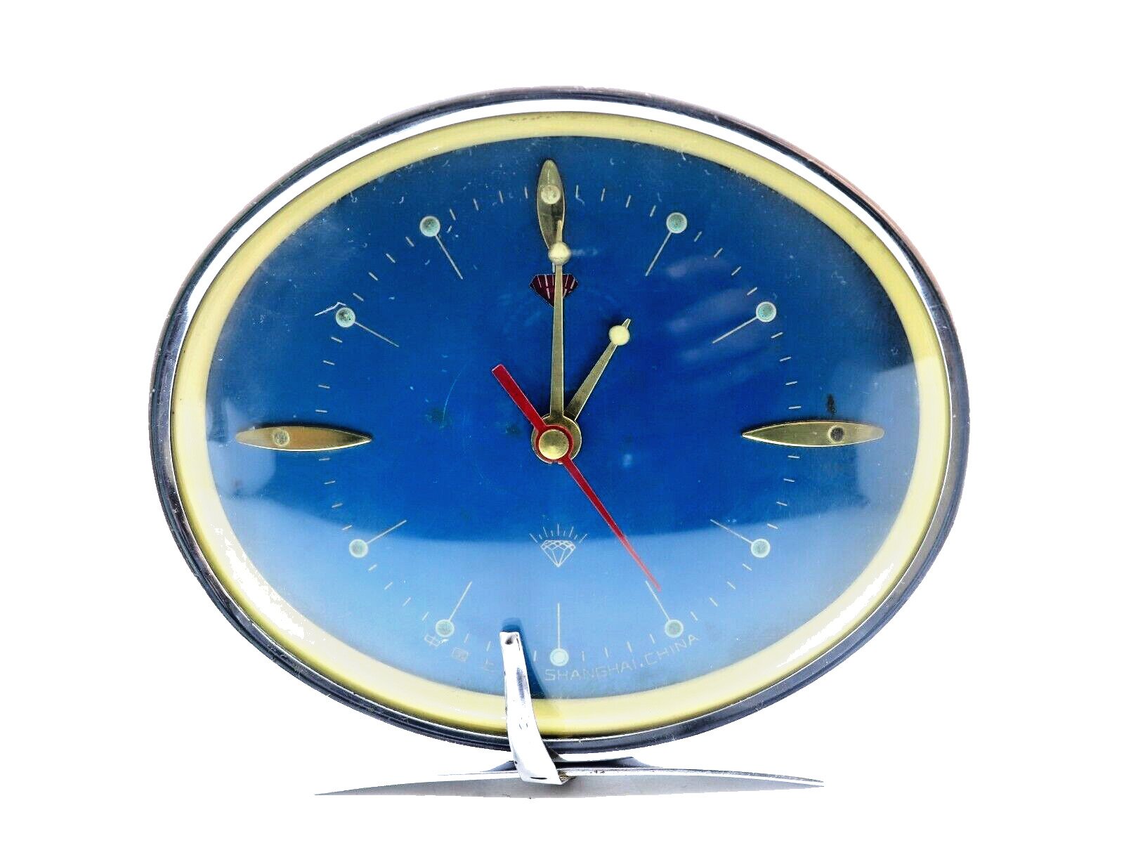 Diamond Shanghai China Alarm Clock Mechanical Wind-Up Oval Blue Dial 60s, Works