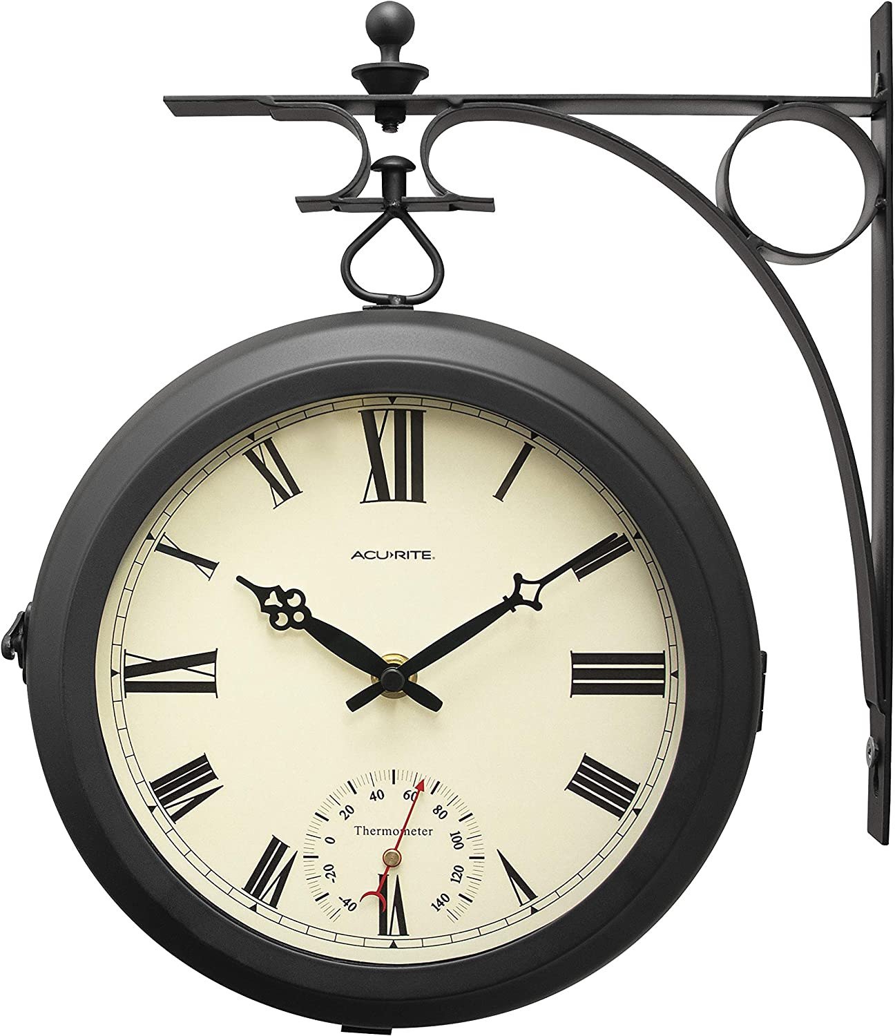 Double Sided Hanging Clock Metal Frame 360 Degree Spin Built In Thermometer