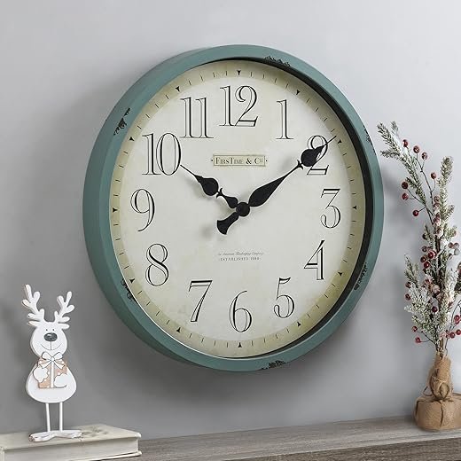 FirsTime & Co. Teal Bellamy Wall Clock, Large Vintage Decor for Living Room, Home Office, Round, Plastic, Farmhouse, 24 Inches