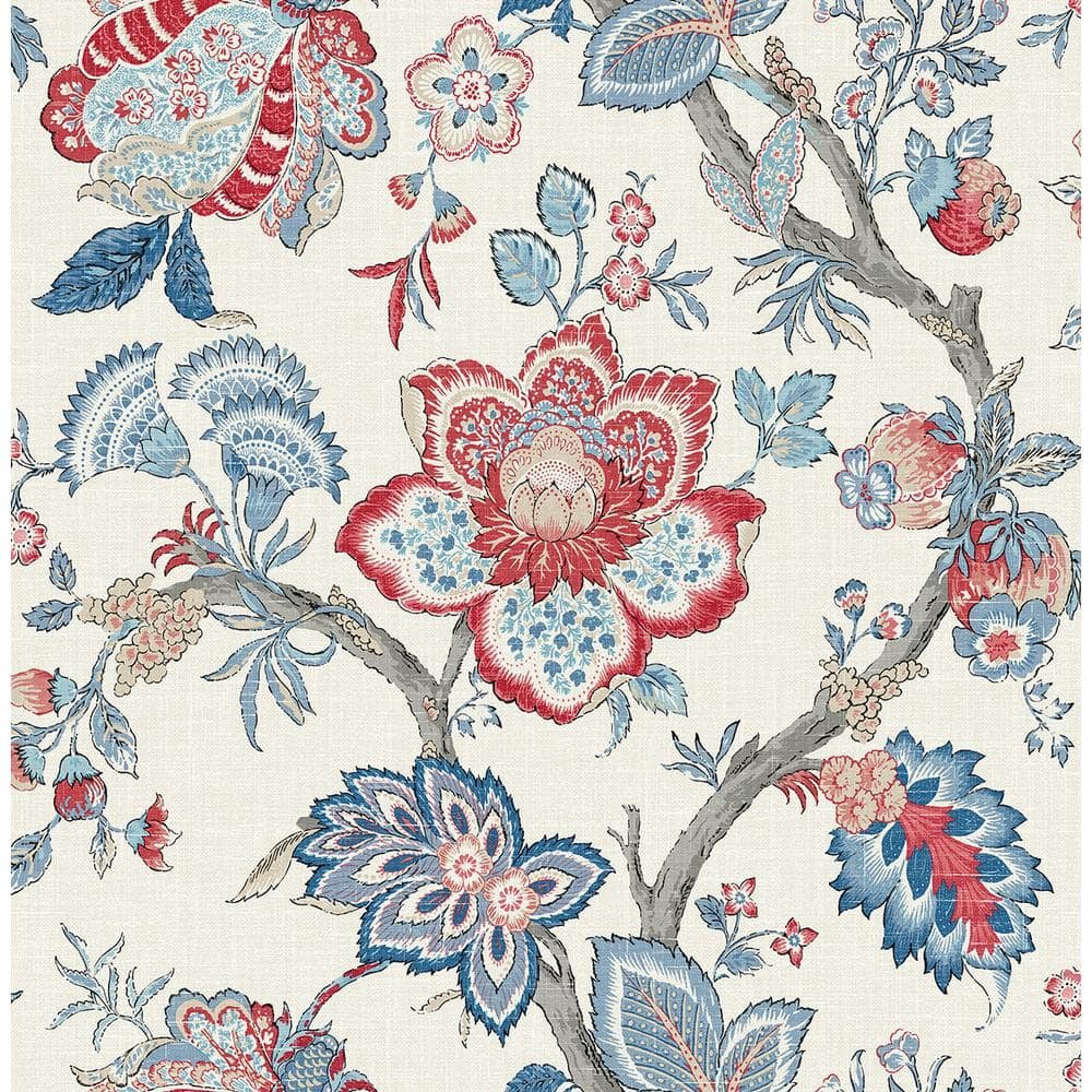 French Blue and Antique Ruby Bernadette Jacobean Paper Unpasted Nonwoven Wallpaper Roll...