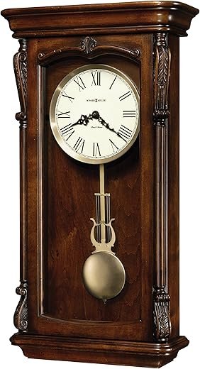 Howard Miller Henderson Wall Clock - Wooden Analog Clock with Quartz Movement and Dual-Chime, Carved Column Caps, Roman Numerals, Battery Operated Pendulum for Living Room, Kitchen, and Office Décor