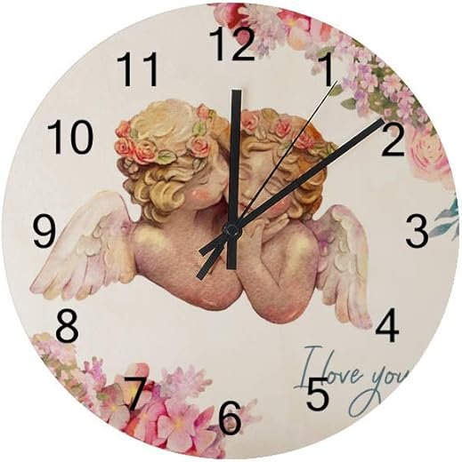 Kuizee Wall Clock Cute Watercolor Angels Cherub Uncovered Wooden Mute Decoration Home Office Bedroom 12Inch