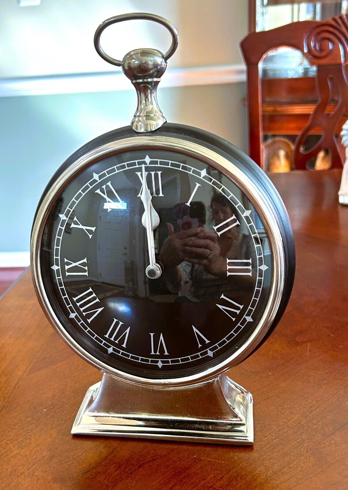Large Black and Silver Tabletop Clock Pocket Watch 9.5"
