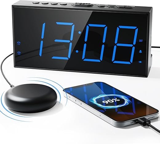Loud Alarm Clock with Bed Shaker, Vibrating Alarm Clock for Heavy Sleepers Hearing Impaired Deaf Teens, Dual Alarms with 7.5’’ Large LED Display, USB Charger, Dimmer, Snooze & Battery Backup