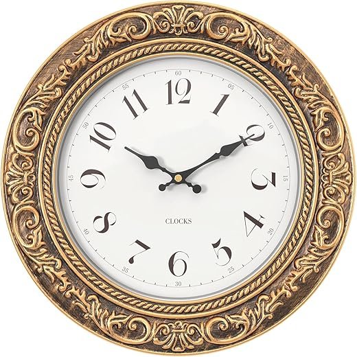 Menterry European Vintage Decorative Wall Clock, 12 Antique Gold Style, Battery Operated Wall Clocks for Kitchen, Bedroom, Farmhouse, Bathroom, Offices