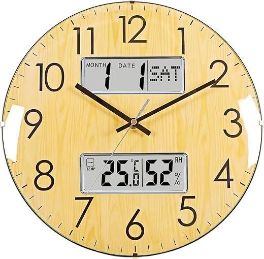 Modern Analog 13inch Curved Glass Wall Clock LCD Temperature Humidity Display, Calendar Display Silent Movement Natural S-7789