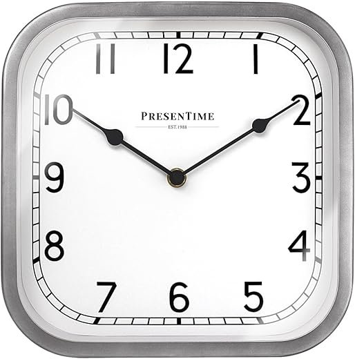 Presentime & Co 10" Anton Vintage Square Clock, Silent No Ticking, Wall & Mantel 2 in 1, Desk and Shelf Clock, Tabletop Décor, Modern Silver Color