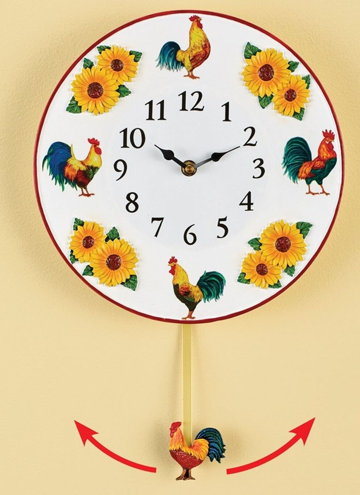Resin & Ceramic Wall Clock W/Pendulum (apr. 10")COUNTRY ROOSTERS & SUNFLOWERS,CE