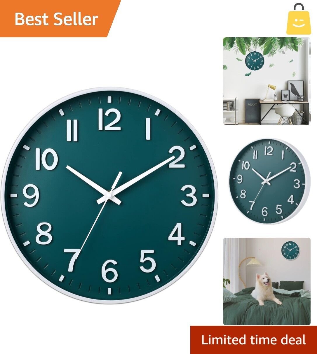 Stylish 12" Round Silent Wall Clock in Dark Green - Quiet Elegance for Any Room
