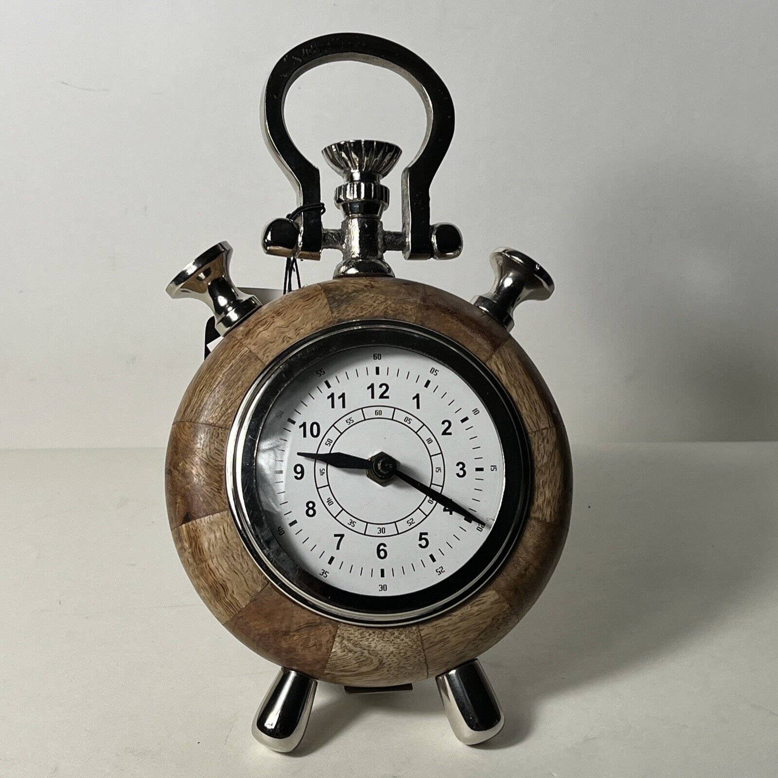 Tabletop Wood And Glass Stop Watch Clock Unique 10" x 7"