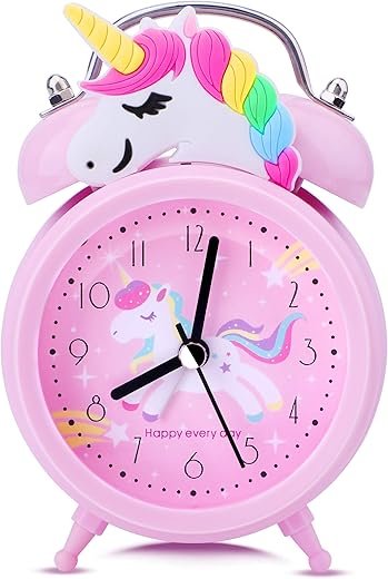 TCJJ Unicorn Alarm Clock for Girls Kids, Cute Bedroom Decoration, Non Ticking Silent Second Hand, w/Backlight Super Loud Twin Bell, for Kids Unicorn Gifts (Pink)