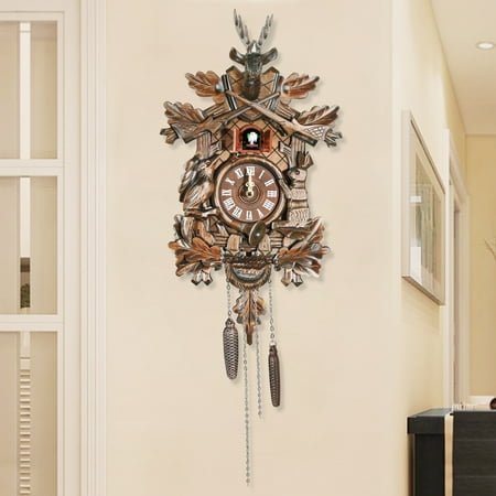 Vintage Clock German Black Forest Wooden Hunter Cuckoo Hanging Wall Clock, 25*10*48cm