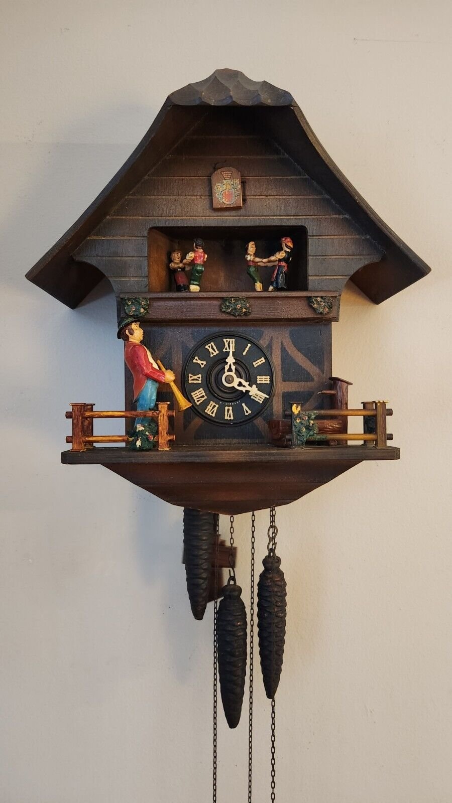Vintage Cuckoo Clock Schmeckenbecher West Germany Trupeter Dancers TESTED WORKS