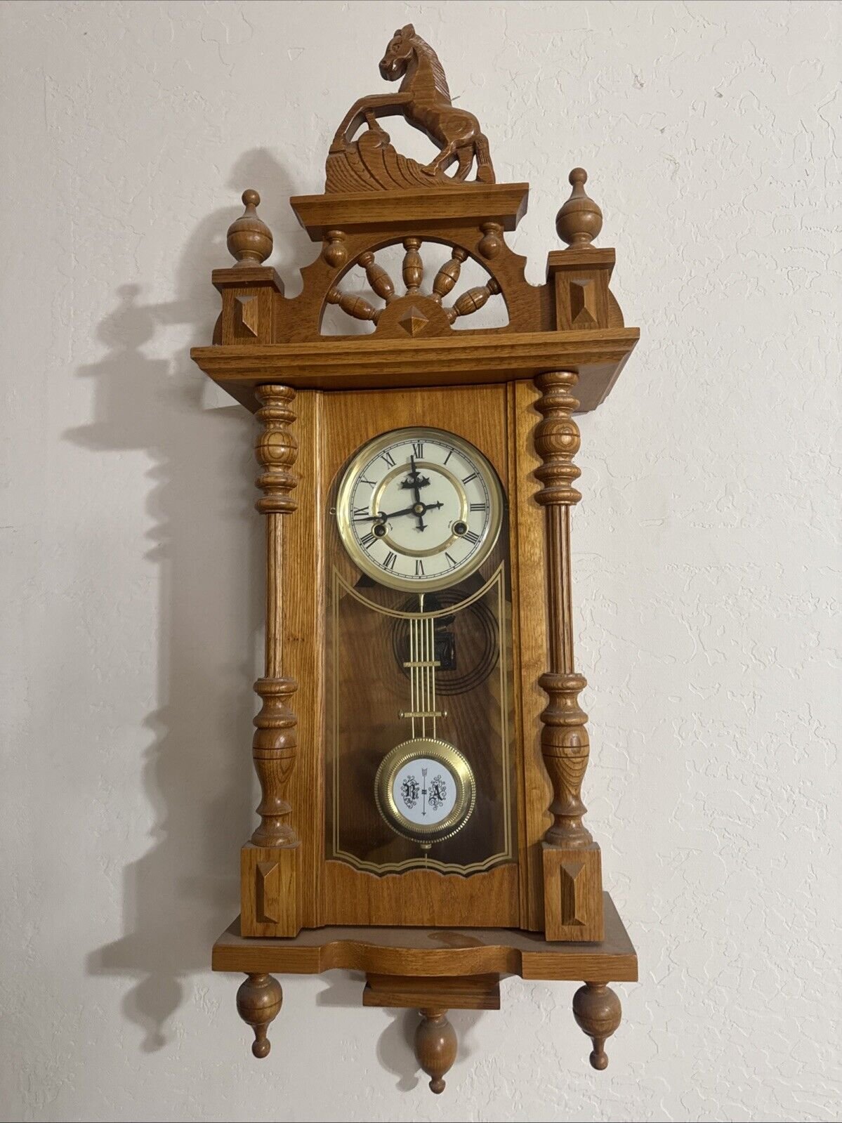 Vintage Regulator Wall Clock W/ Horse Western Walnut Wood R & A Pendulum Chimes