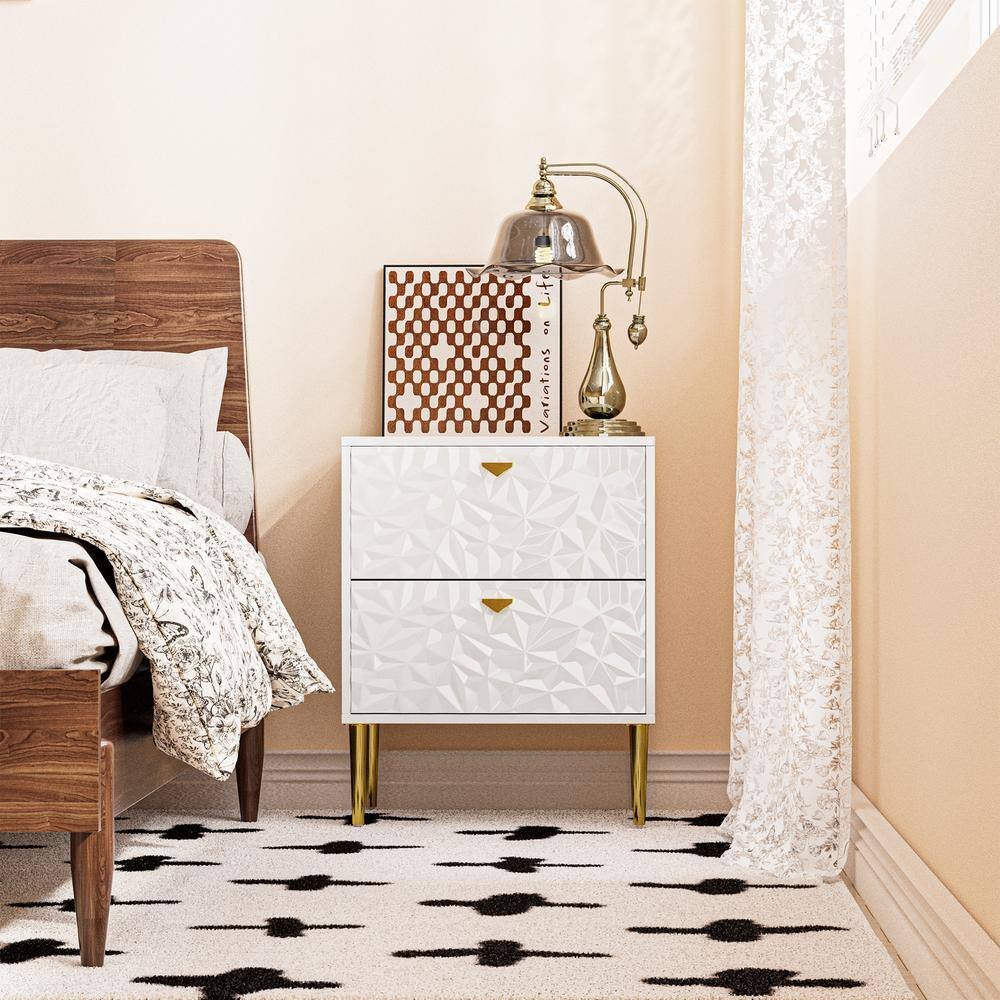 White 2-Drawer Wood Nightstand with Tapered Support Legs