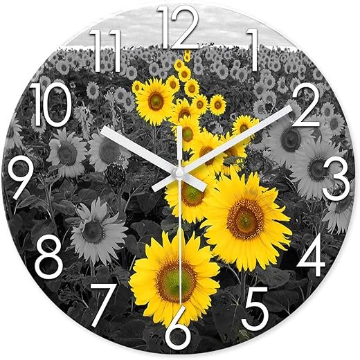 XFM Glass Sunflower Clock Wall Decor Yellow Analog Wall Clock Battery Operated 12 Inch Silent Wall Clock for Bedroom Office Kitchen Farmhouse Rustic Wall Clock