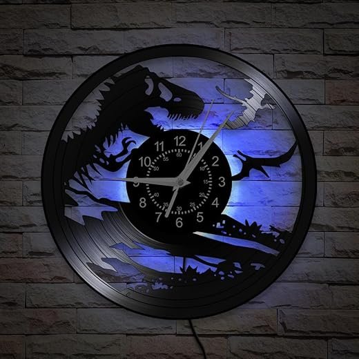 12 Inch Cartoon Dinosaur Wall Clock 7 Color LED Backlight, Boys Rooms Wall Clock Night Light Kids Vinyl Record Wall Watch Clock Silent Movement for Kids Room Children Bedroom Game Room