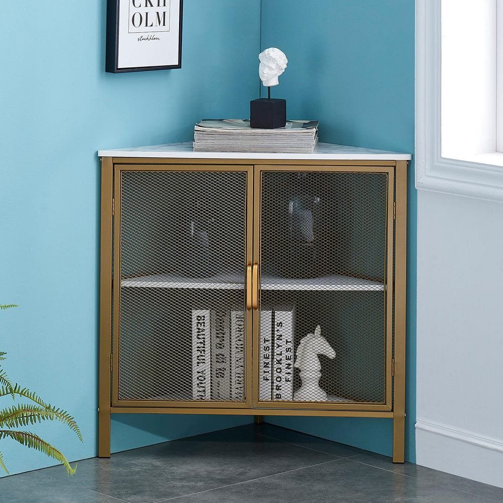 3-Tiers Corner Shelf Metal Frame Shelves Storage Organizer Ventilation Protection Door Gold...