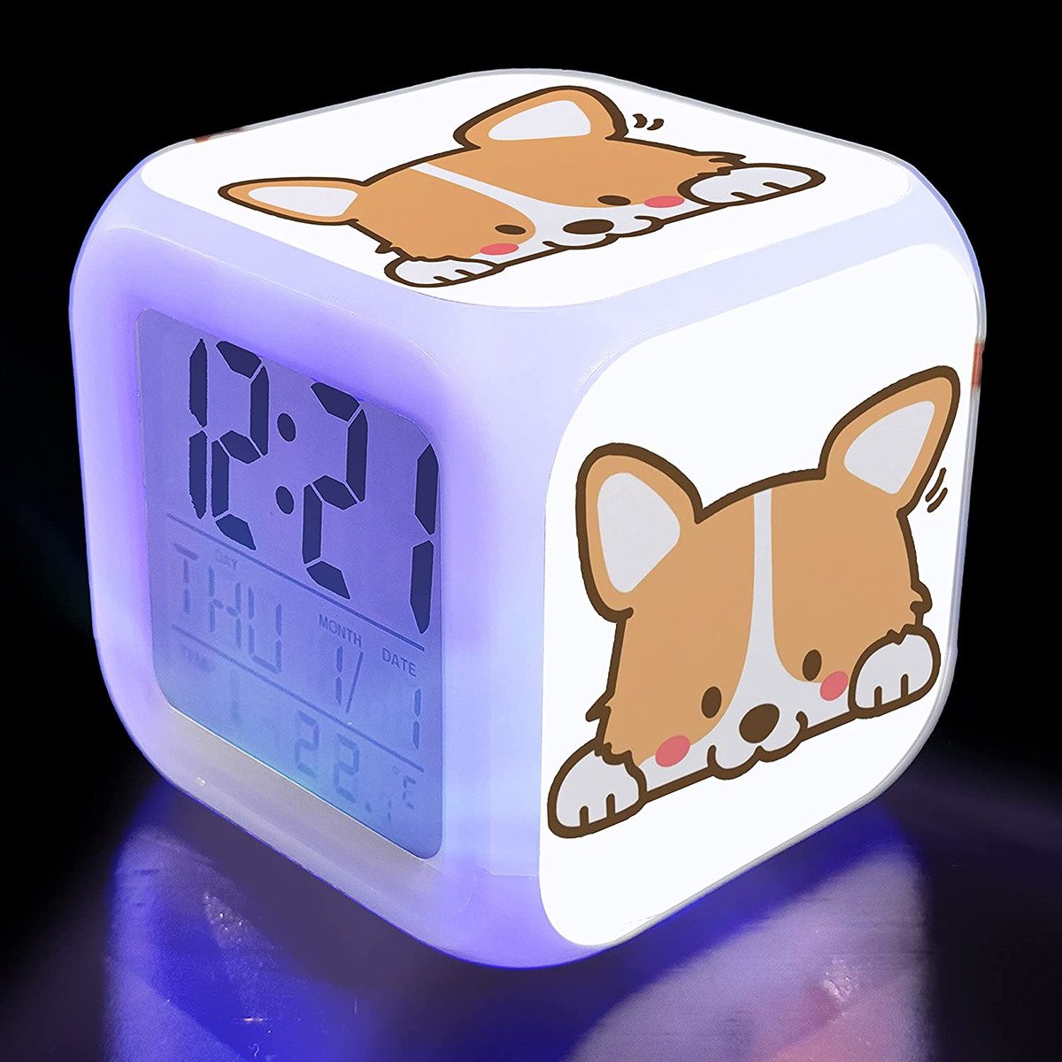 Alarm Clock, Cute Corgi, Color Changing, Wake up Clocks, w/ Temperature Display