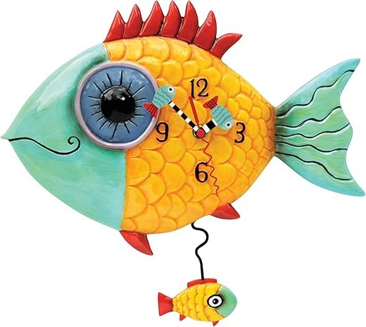 Allen Designs Enesco Wide-Eyed Fishy Sculpted Pendulum Wall Clock, 13.5 Inch, Multicolor