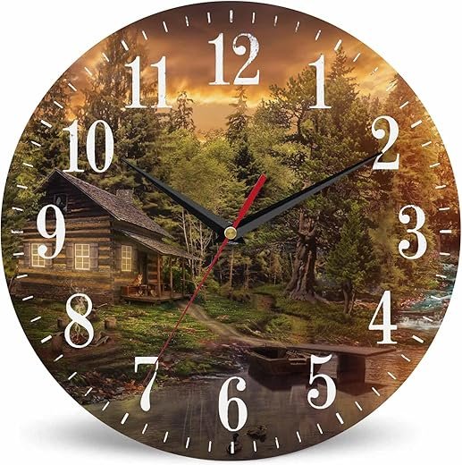 Cabin by River Wall Clock Wooden Hut Tranguility Warmt 10 Inch Silent Non Ticking Battery Operated Clock Vintage Round Clock for Living Room Bedroom Bathroom Office Decor
