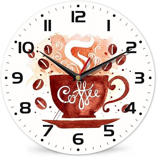 Watercolor Coffee Cup Wall Clock - Vintage Wooden Battery Operated Non-Ticking 10 Inch Silent Art for Living Room, Bedroom, Kitchen - Home Decor for Girls Kids