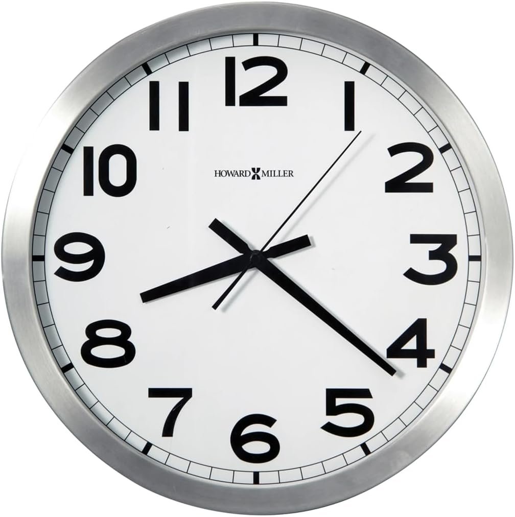 Howard Miller Spokane Wall Clock 625-450 – Modern Round Brushed Aluminum, Flat Glass Crystal, Sturdy Metal Frame, Classic Black Accents, Quartz Movement