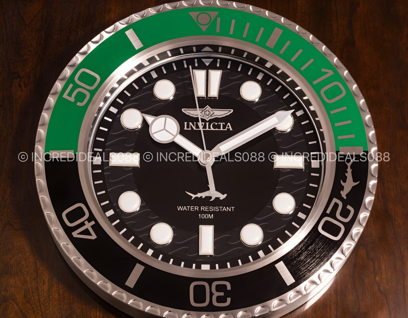 Invicta PRO DIVER 14" Quartz Green Black Silver Wall Clock SS