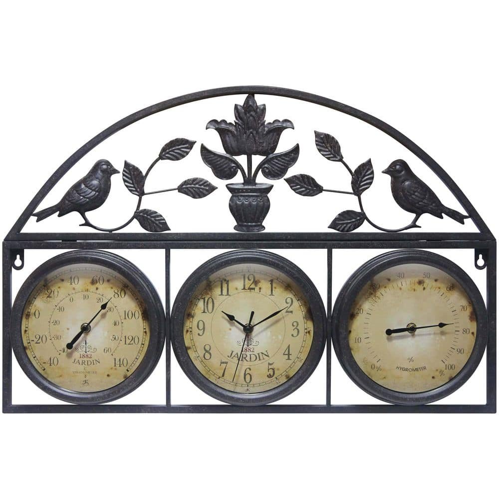 Jardin Indoor/Outdoor Clock/Thermometer/Hygrometer, Brown, 26 in. x 17.25 in.