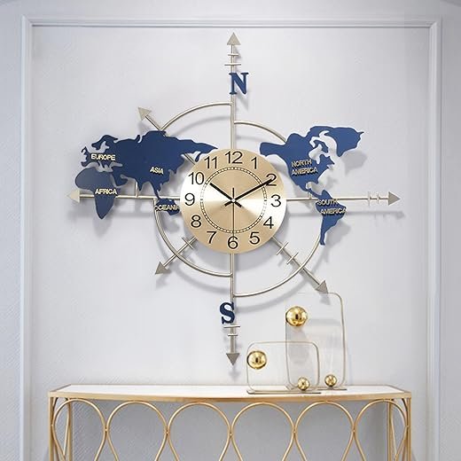 Large Decorative Metal Wall Clock for Living Room, 27.1 Inch Creative World Map Wall Clocks for Bedroom Kitchen Office Home, Handmade Iron Frameless Wall Clock,Battery Operated, Silent Non Ticking