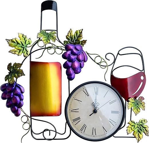 Metal Wine Wall Clock for Kitchen, Large 16 Inch Wall Art Decor, Decorative Clock With Bottle, Glass, Fake Grape, Battery Operated for Home Living Room Dining Room