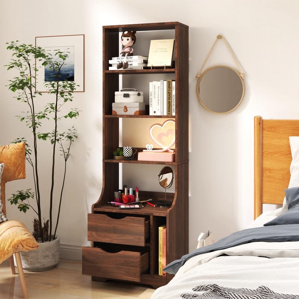 Modern Brown 2 Drawer Tall Nightstand Bedside Table with Bookshelf and Drawers...