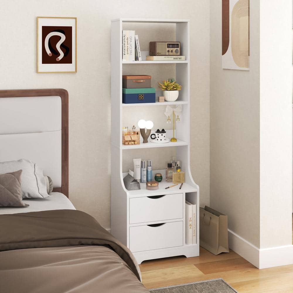 Modern White 2-Drawer Tall Nightstand Bedside Table with Bookshelf and Drawers White...