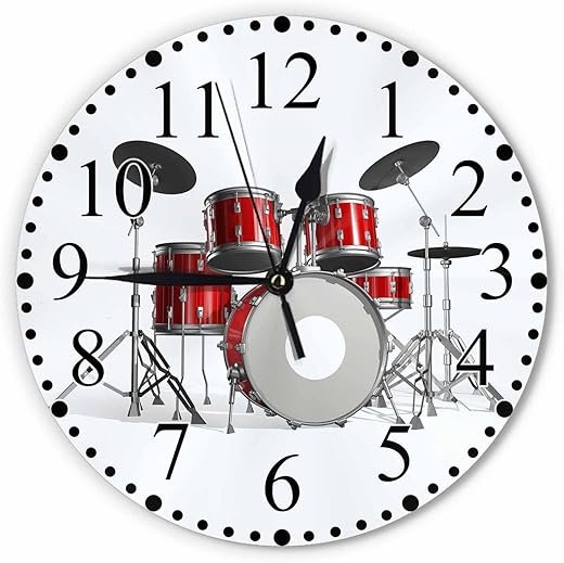 Music Wall Clock Red Silver White Rock N Roll Jazz Musical Instrument Cool Drum Clock 10 Inch Silent Non-Ticking Clocks Battery Operated for Home Living Laundry Room Kitchen Bedroom Office