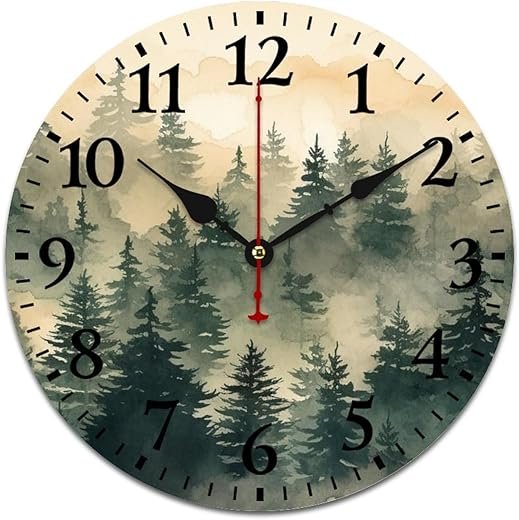 Nature Scenic Foggy Mountain Wooden Wall Clock Watercolor Mountain Misty Pine Foggy Plants Smokey Green T Wooden Decorative Battery Operated Silent 10 Inch Round