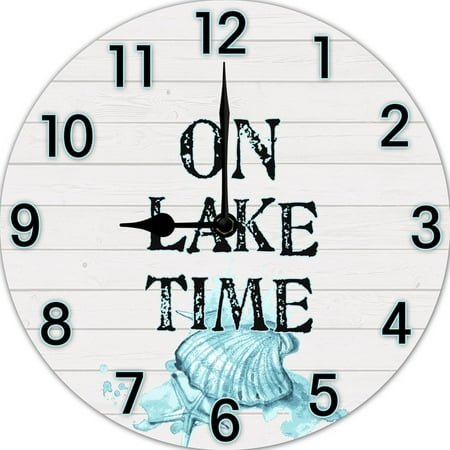 On Lake Time Round Wall Clock, Farmhouse Retirement Clock, Battery Operated Non-Ticking Funny Cabin Wall Home Decor for Living Room Kitchen Bedroom Office 10 Inches