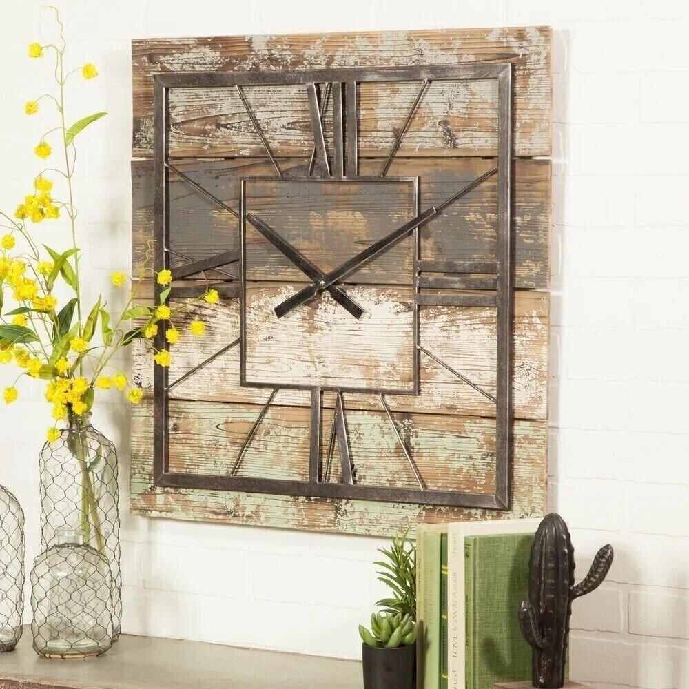 Oversized Wall Clock Rustic Square Modern Farmhouse Country Shabby Chic Deco