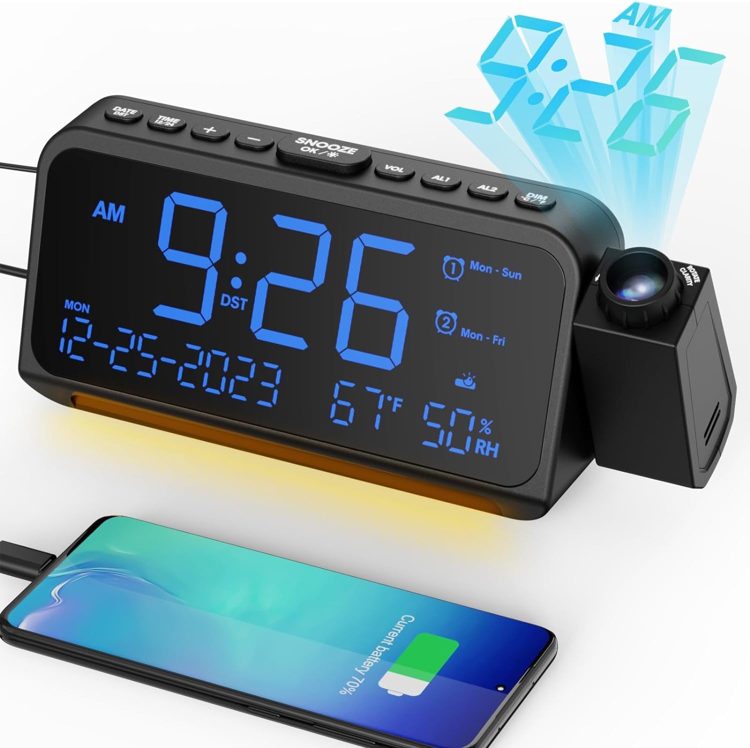 Projection Alarm Clock for Bedroom Ceiling, Digital Clock Projector with Weekday
