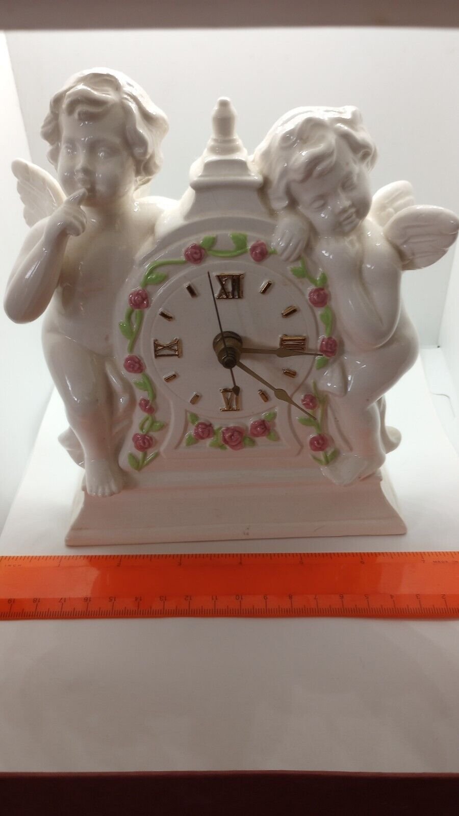 Valentine Mantle Clock Battery Operated Cherubs And Floral Clock Face Ceramic