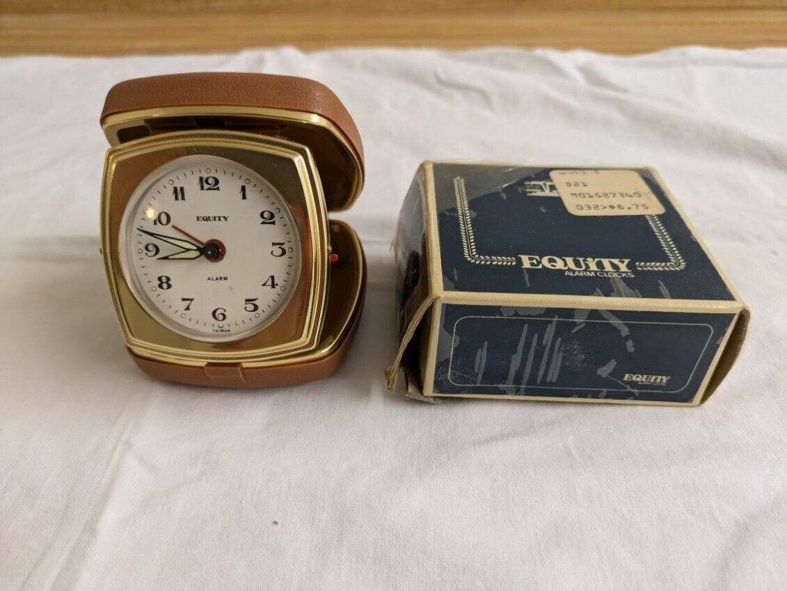 Vtg. Equity fold up travel alarm clock with box, works.