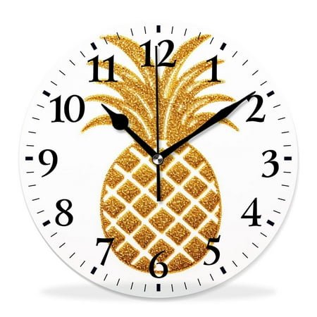 12 Inch Wall Clock Battery Operated Silent Clock Decorative for Office, Kitchen, Outdoor, Living Room，Gold Pineapple Fruit White Summer Creative Pattern