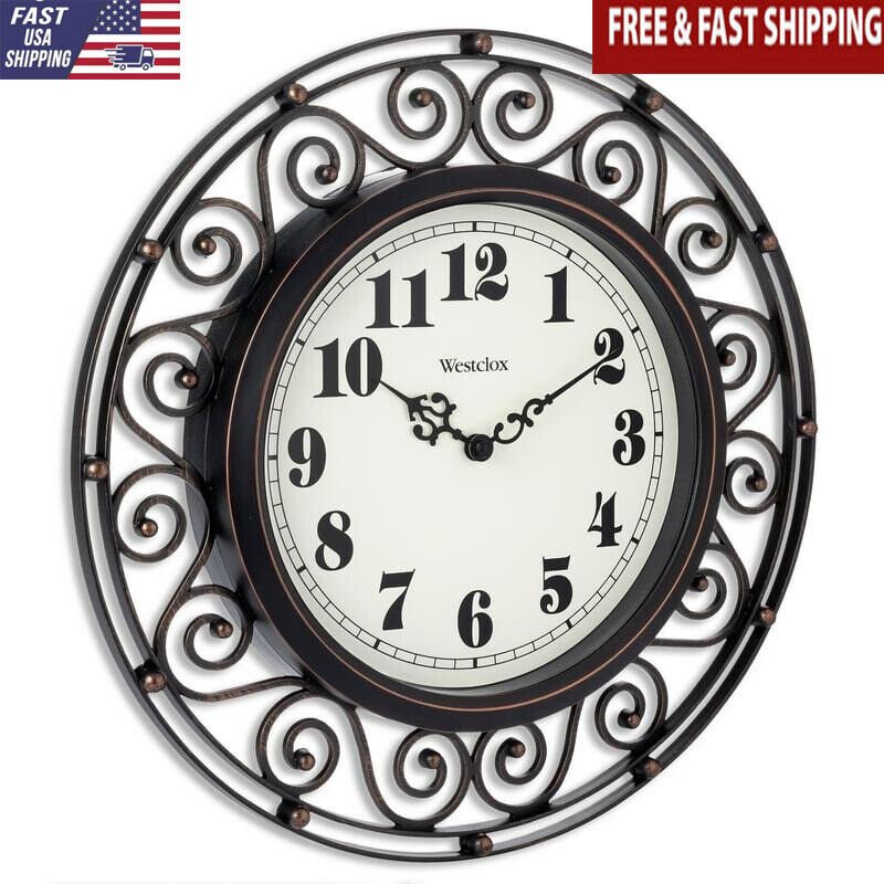 12" Round Wrought Iron Style Wall Clock Bronze Glass Black Numbers Circular New